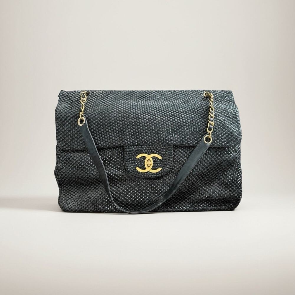 Chanel XXL Jumbo Flap Black Crystal Studded CC Bag Gold HW Rare Statement - Picture 5 of 8